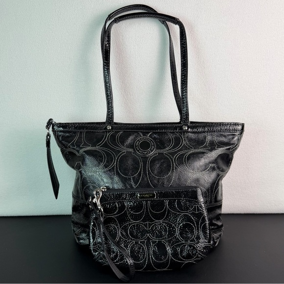 COACH Signature Stitched Black Patent Leather Tote F19198 with Matching Wristlet - Picture 1 of 16
